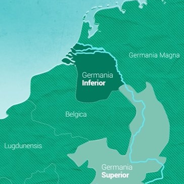 Ausschnitt einer Europa-Karte mit Flächen der Provinzen Nieder- und Obergermanien.