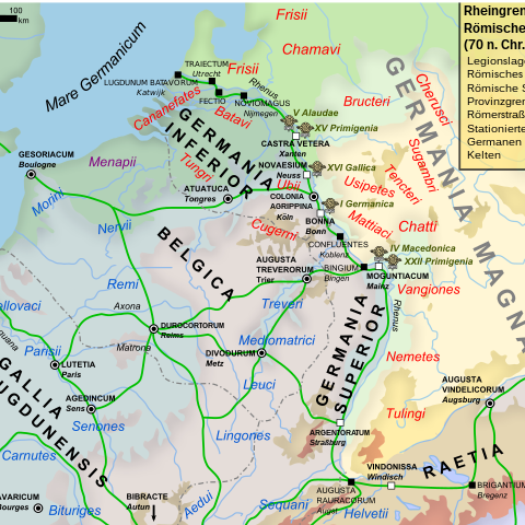 Eine Karte, die die Stämme um 70 n. Chr. auf dem Gebiet des heutigen Belgien und Deutschland zeigt.