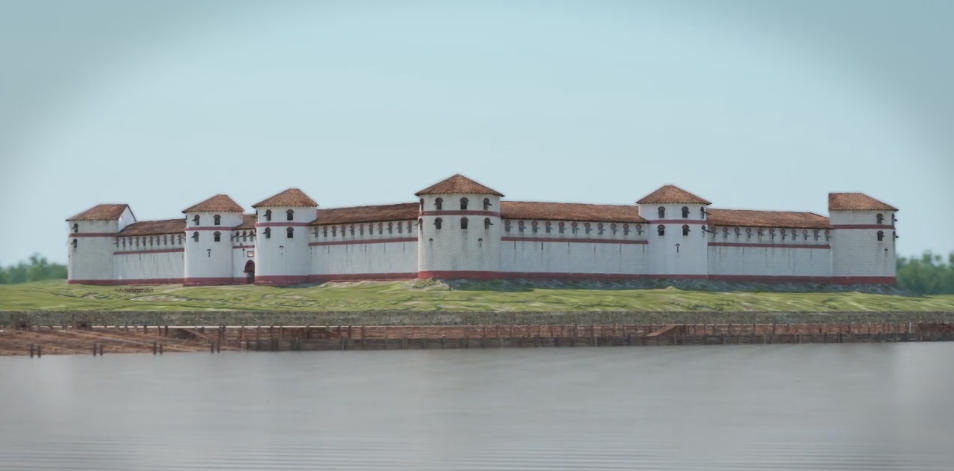 Een modeltekening van de Rijnzijde van het Romeinse fort Gelduba (Krefeld-Gellep)