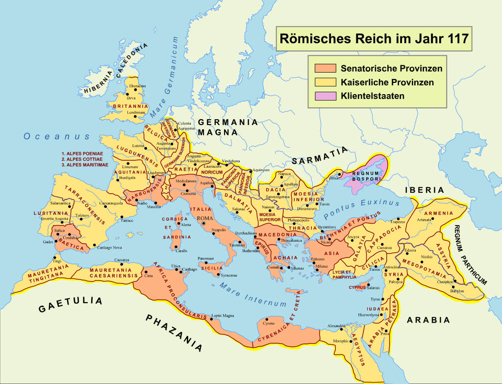 Een kaart van het Romeinse Rijk in 117 ten tijde van zijn grootste expansie bij de dood van keizer Trajanus