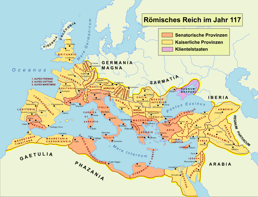 A map of the Roman Empire in 117 at the time of its greatest expansion at the death of Emperor Trajan