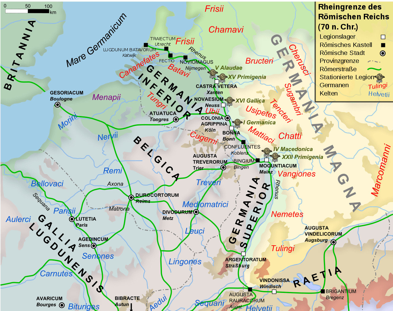 Eine Landkarte zur Rheingrenze des Römischen Reiches um 70 n. Chr. Mit den Namen einheimischer Volksgruppen.