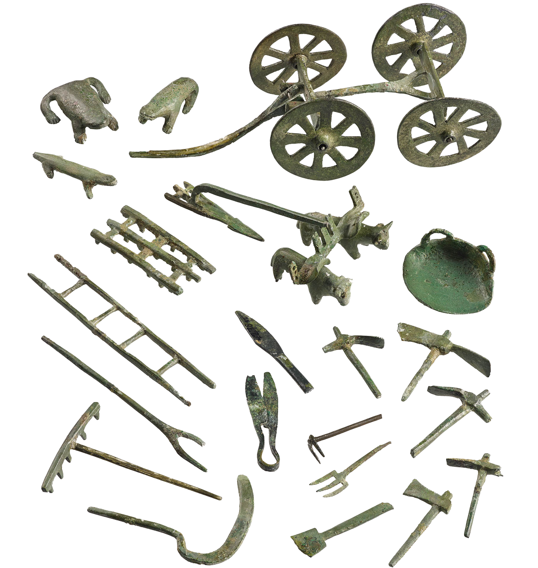 Miniatur-Nachbildungen landwirtschaftlicher Geräte. Beigaben aus einer römischen Bestattung des 4. Jahrhunderts n. Chr. in Köln-Rodenkirchen.