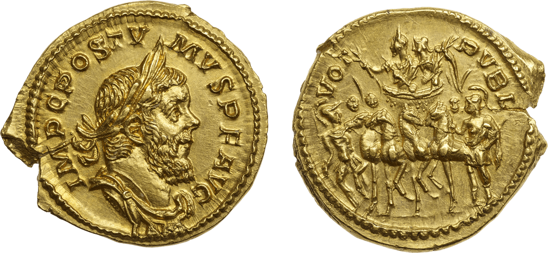 Eine römische Goldmünze (Aureus) des Kaisers Postumus aus dem Gallischen Sonderreich. Die Münze wurde 261/2 in Köln geprägt und in Krefeld-Gellep gefunden. Sie gehört zu den Beständen des LVR-LandesMuseums Bonn.