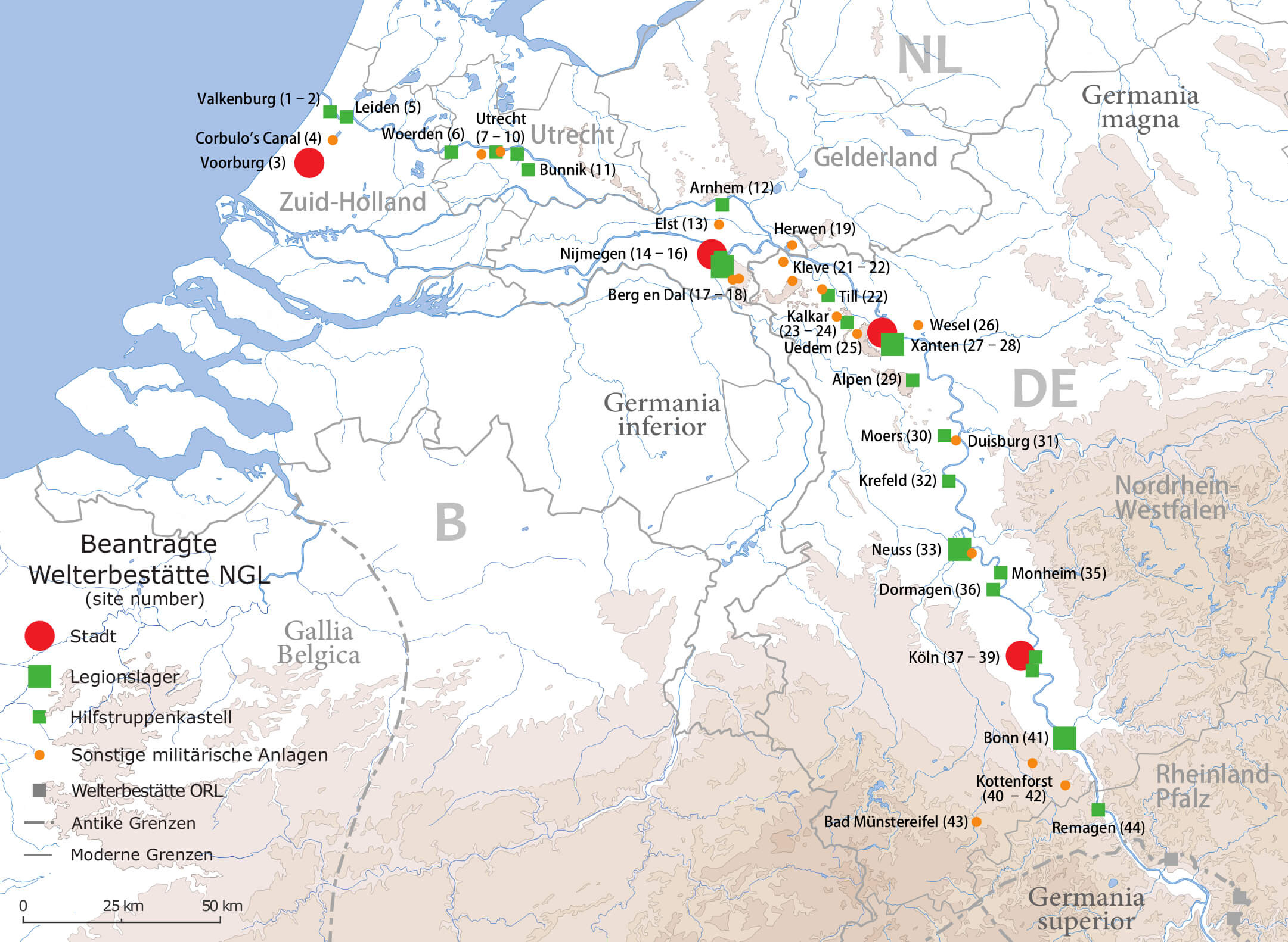 Eine Karte der Fundplätze entlang des Niedergermanischen Limes 
