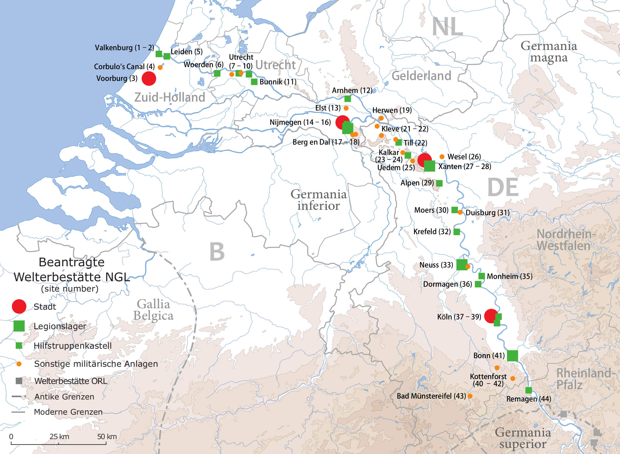 Een kaart van de vindplaatsen langs de Nedergermaanse Limes 