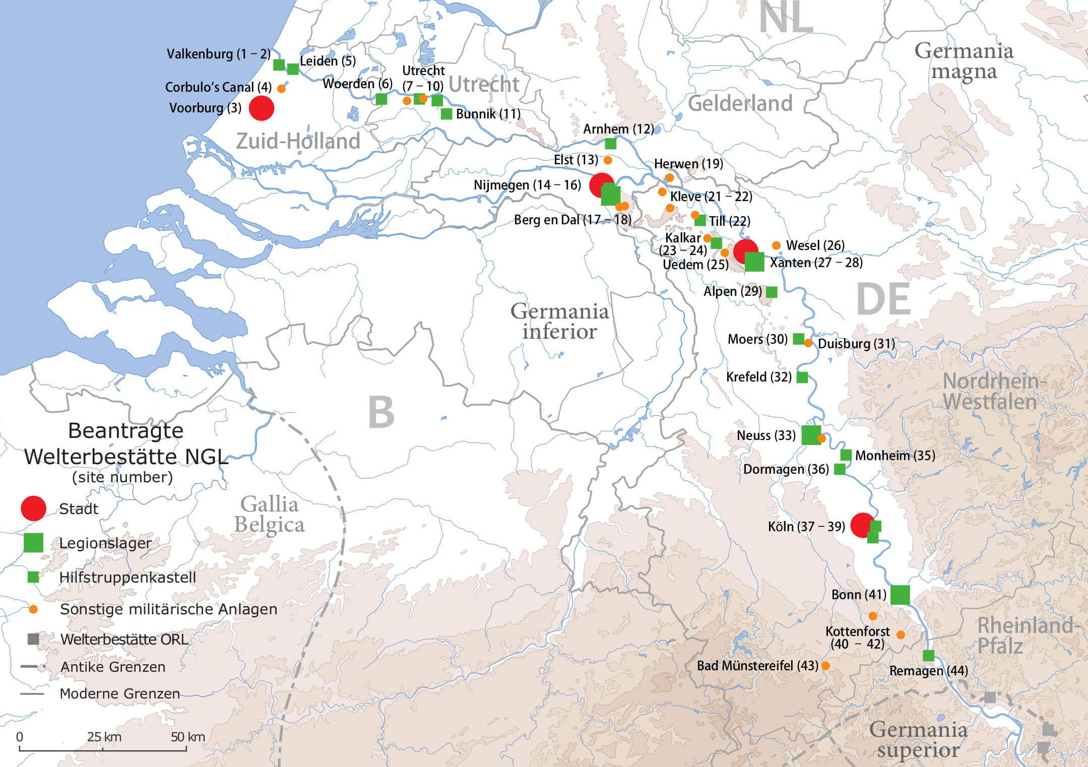 Eine Karte der Fundplätze entlang des Niedergermanischen Limes 