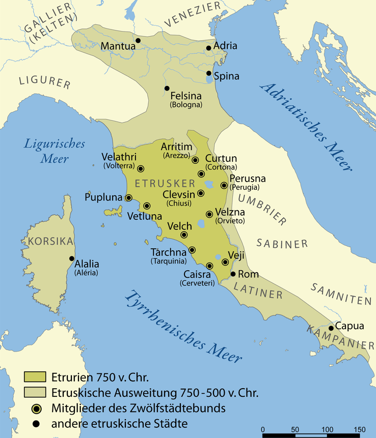 Een kaart van de expansie van de Etruskische beschaving van 750-500 v. Chr.