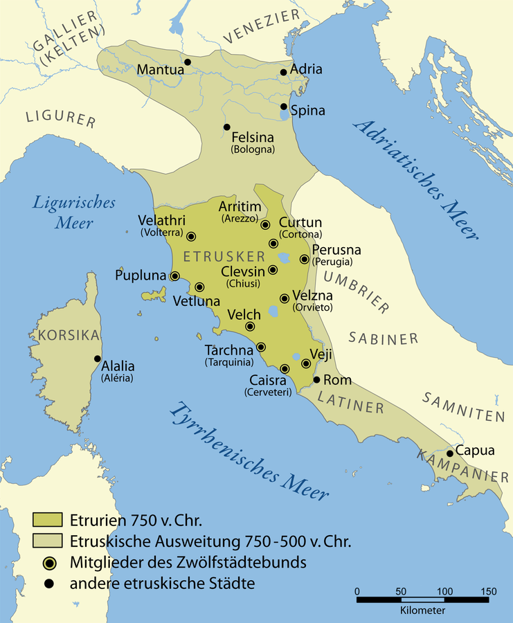 Die Ausdehnung der etruskischen Zivilisation von 750-500 v. Chr.