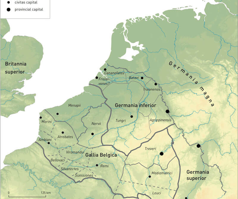 Kaart van de provincie Neder-Duitsland met aangrenzende provincies in de 2e en vroege 3e eeuw