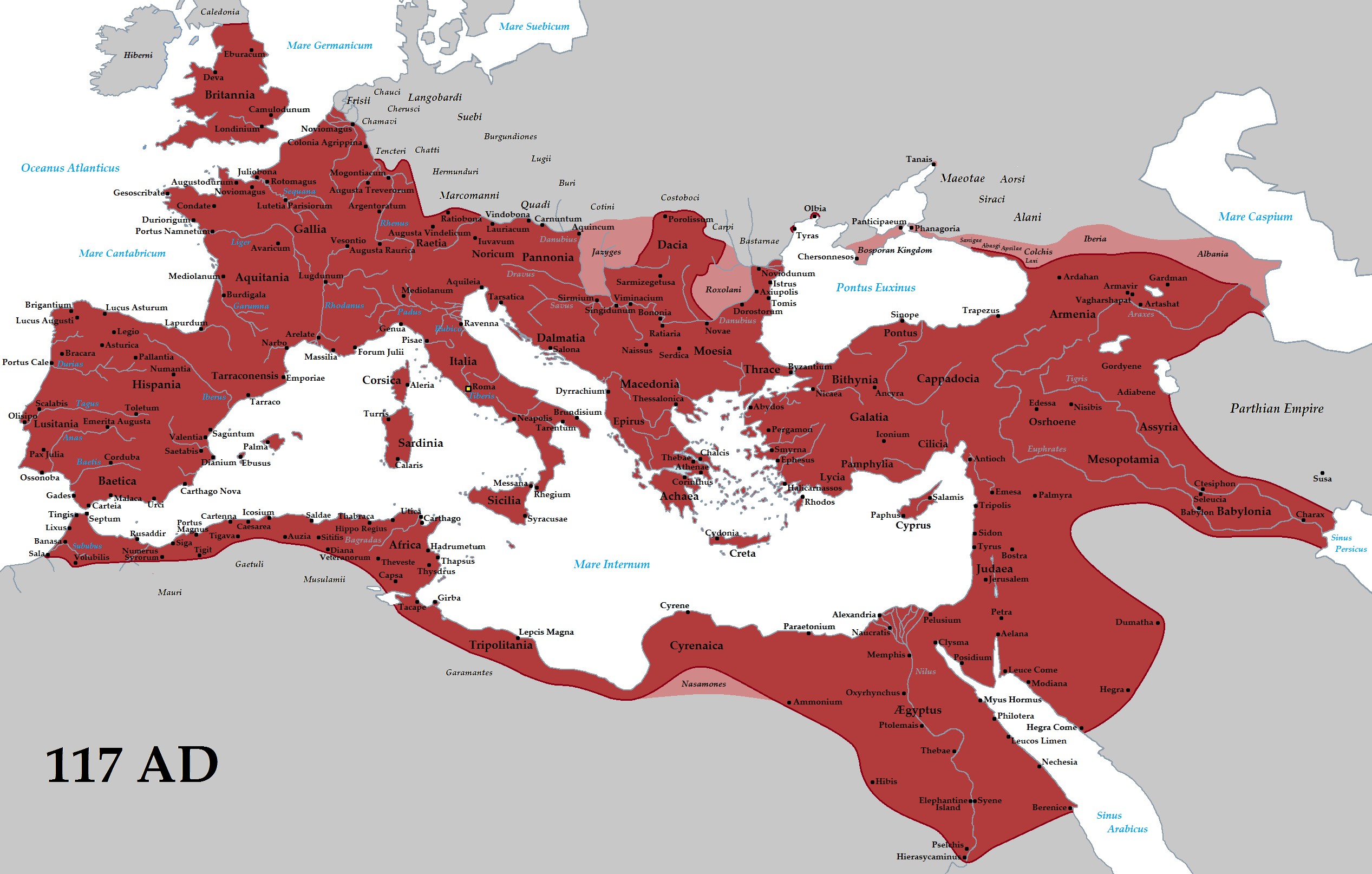 Map view of the Roman Empire at the time of its greatest expansion at the death of Emperor Trajan in 117 AD.