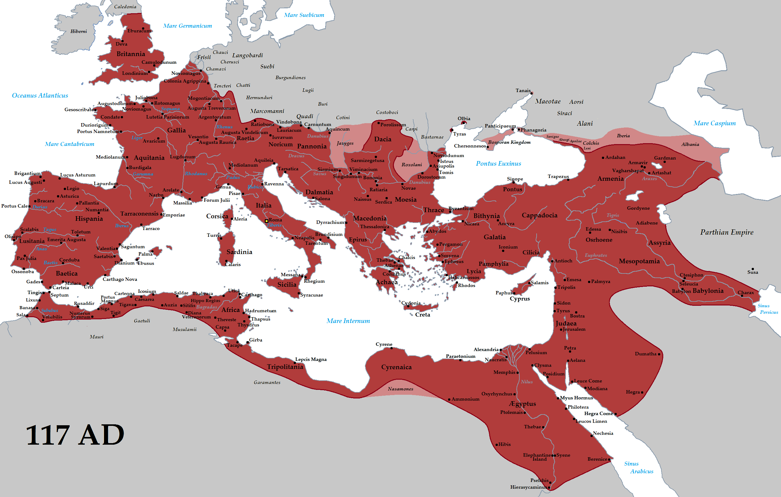 Kaartbeeld van het Romeinse Rijk ten tijde van zijn grootste expansie bij de dood van keizer Trajanus in 117 n.Chr.
