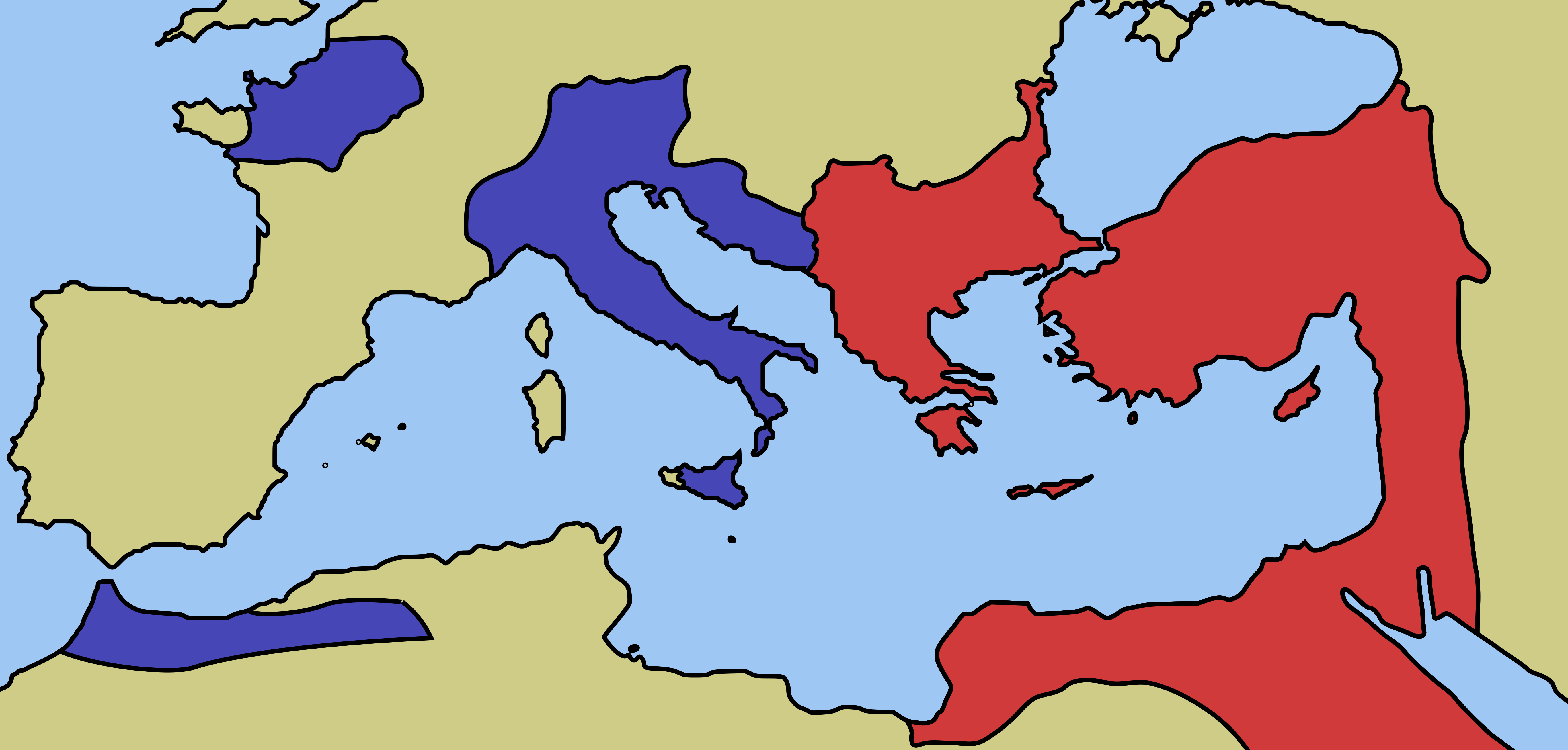 Kartenansicht des römischen Reiches zur Zeit seiner größten Ausdehnung beim Tod Kaiser Trajans 117 n. Chr.