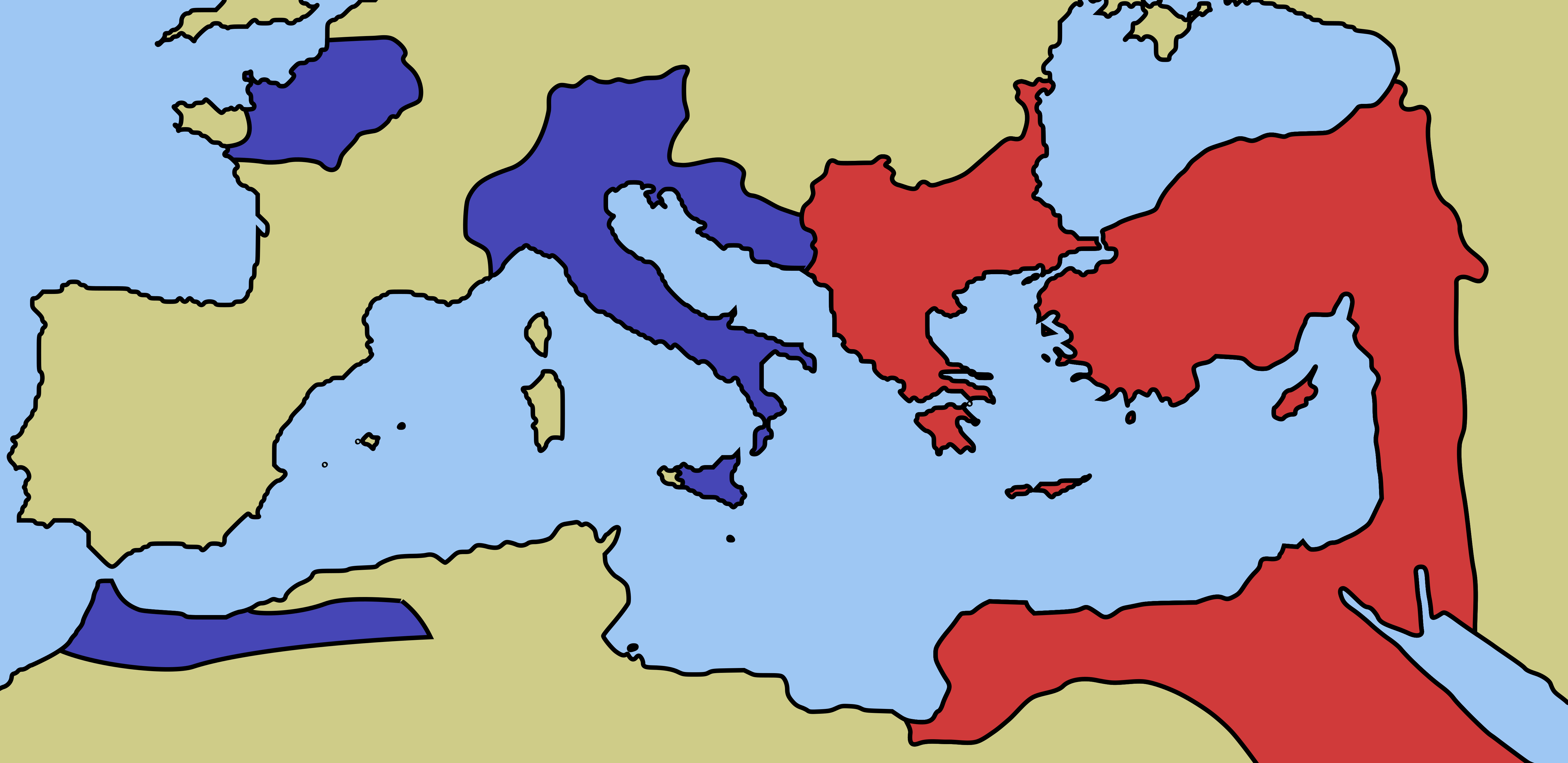 Eine Karte der ost- und weströmischen Gebiete ab 476 n. Chr.