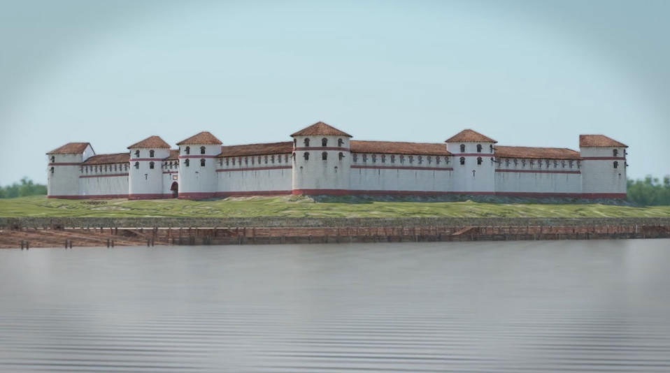 Eine Modell-Zeichnung von der Rhein-Seite des Römer-Kastells Gelduba (Krefeld-Gellep)