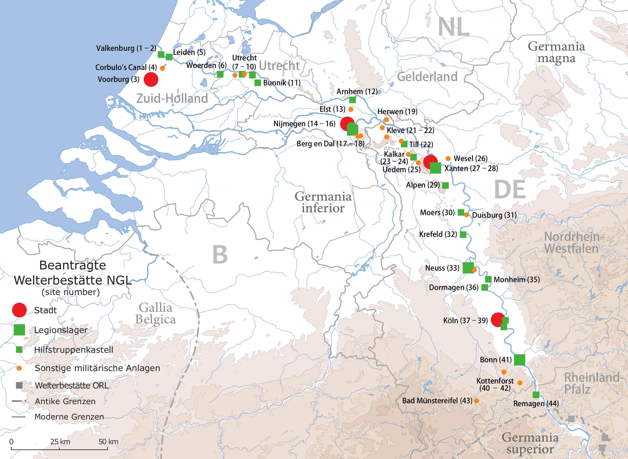 Een kaart van de vindplaatsen langs de Neder-Germaanse Limes