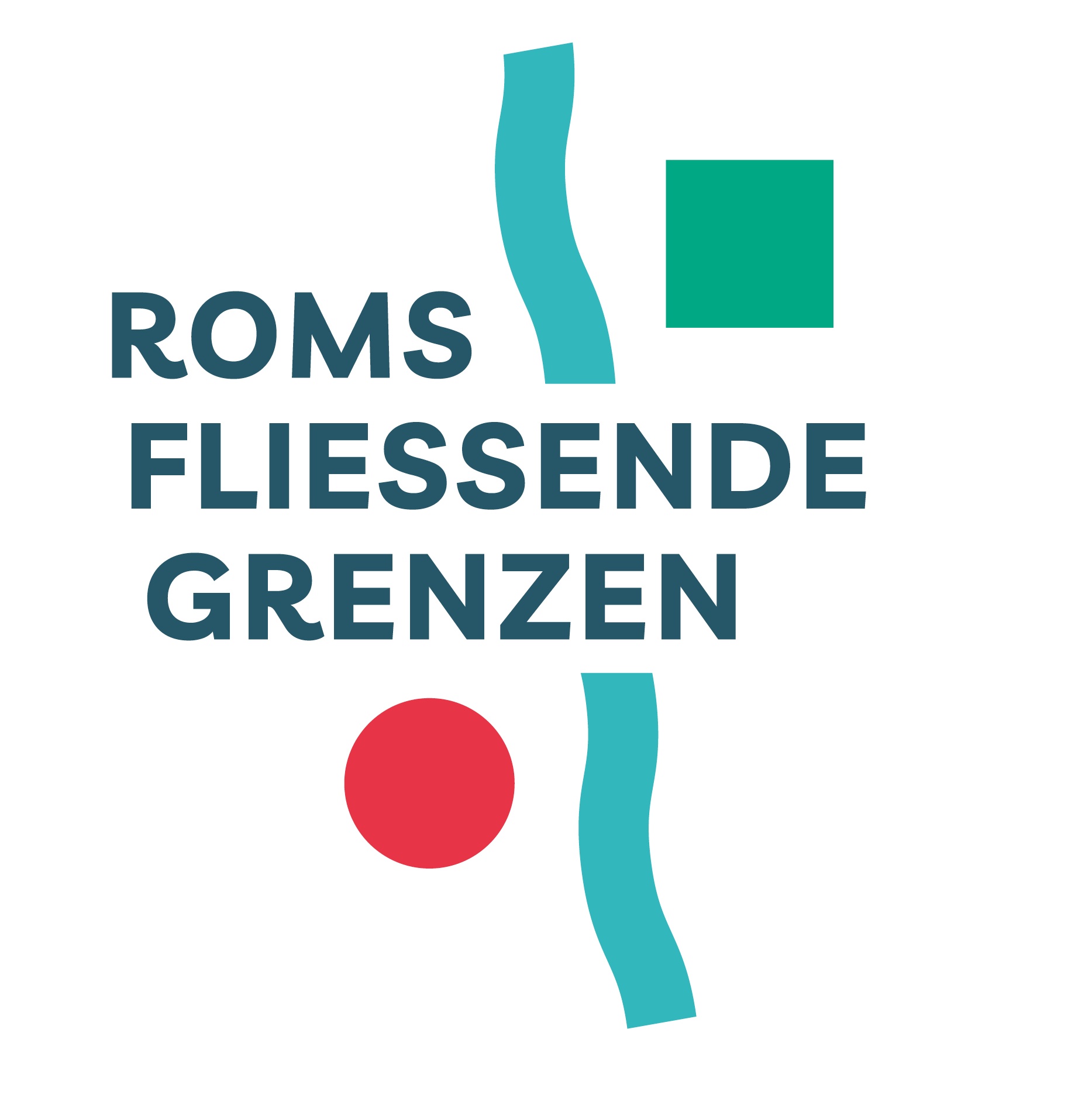 Die Wort-Bild-Marke "Roms fließende Grenzen" mit einem roten Kreis unten links, einer hellblauen längs verlaufenden geschlängelten Linie mittig und einem grün-türkisfarbenen Quadrat oben rechts 