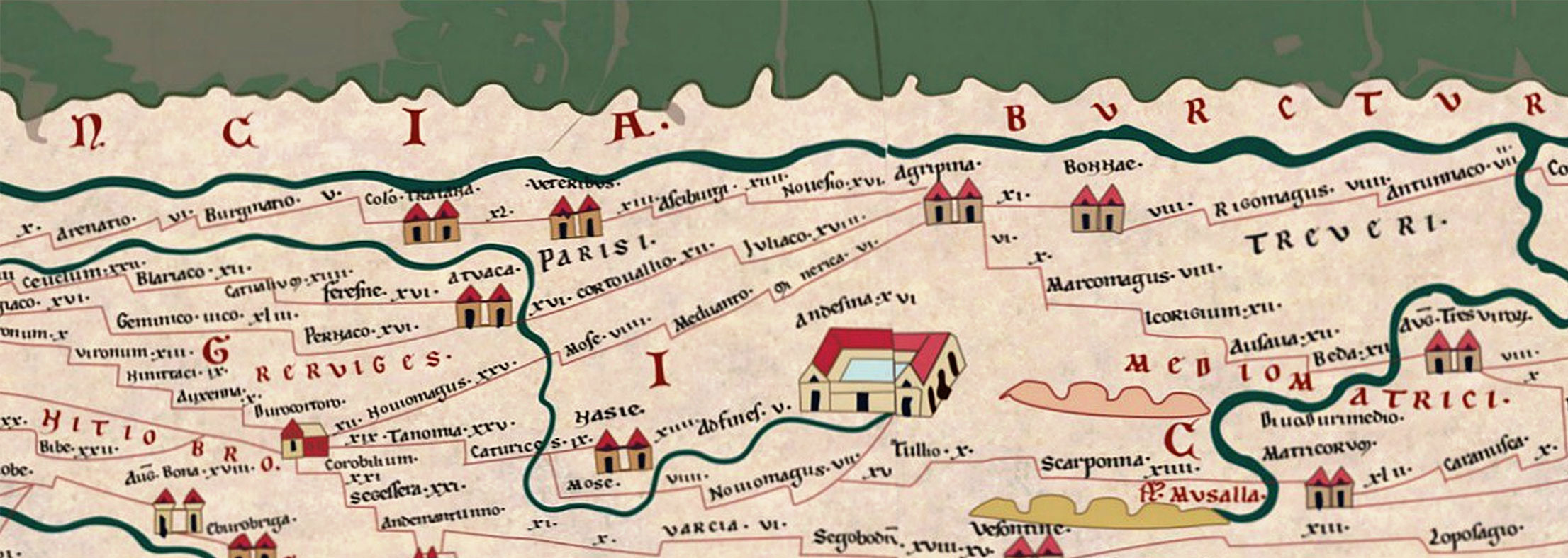 Die Tabula Peutingeriana gibt das gesamte römische Fernwegenetz der Spätantike wieder. Die Karte ist nicht geographisch, sondern als „Routenplaner“ mit Zeitangabe zu lesen. Über die geknickten Linienabschnitte werden Tagesmärsche dargestellt. Die Karte ist nicht geographisch, sondern als „Routenplaner“ mit Zeitangabe zu lesen. Über die geknickten Linienabschnitte werden Tagesmärsche dargestellt.