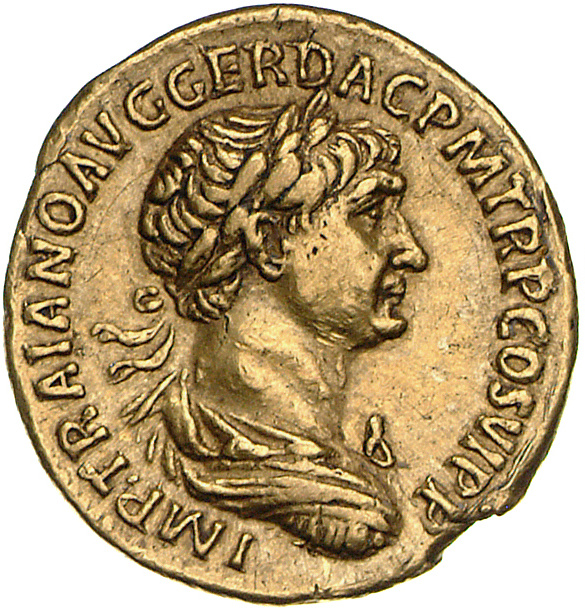 Römische Goldmünze "Aureus" mit dem Porträt des Kaisers Traian.