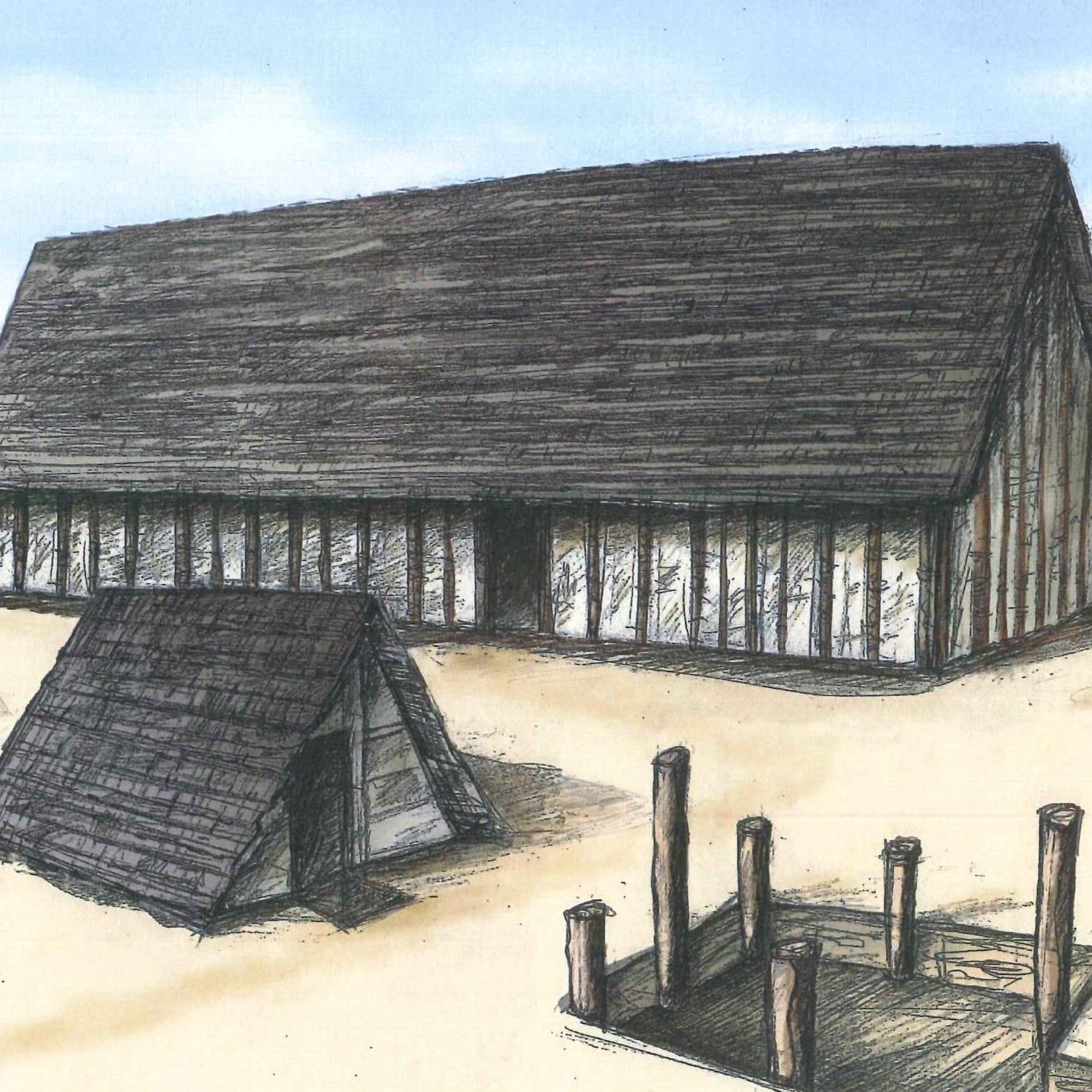 Zeichnung eines germanischenLang-hauses aus senkrechten Fachwerk-Elementen, eines kleinen Dachschuppens aus Holzbohlen sowie einer quadratischen flachen Fundamentgrube mit runden Holzstreben