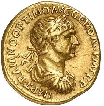 Coin with portrait of Emperor Trajan, minted in Rome in 98 / 99 AD. At this time, the ruler was staying on the Rhine