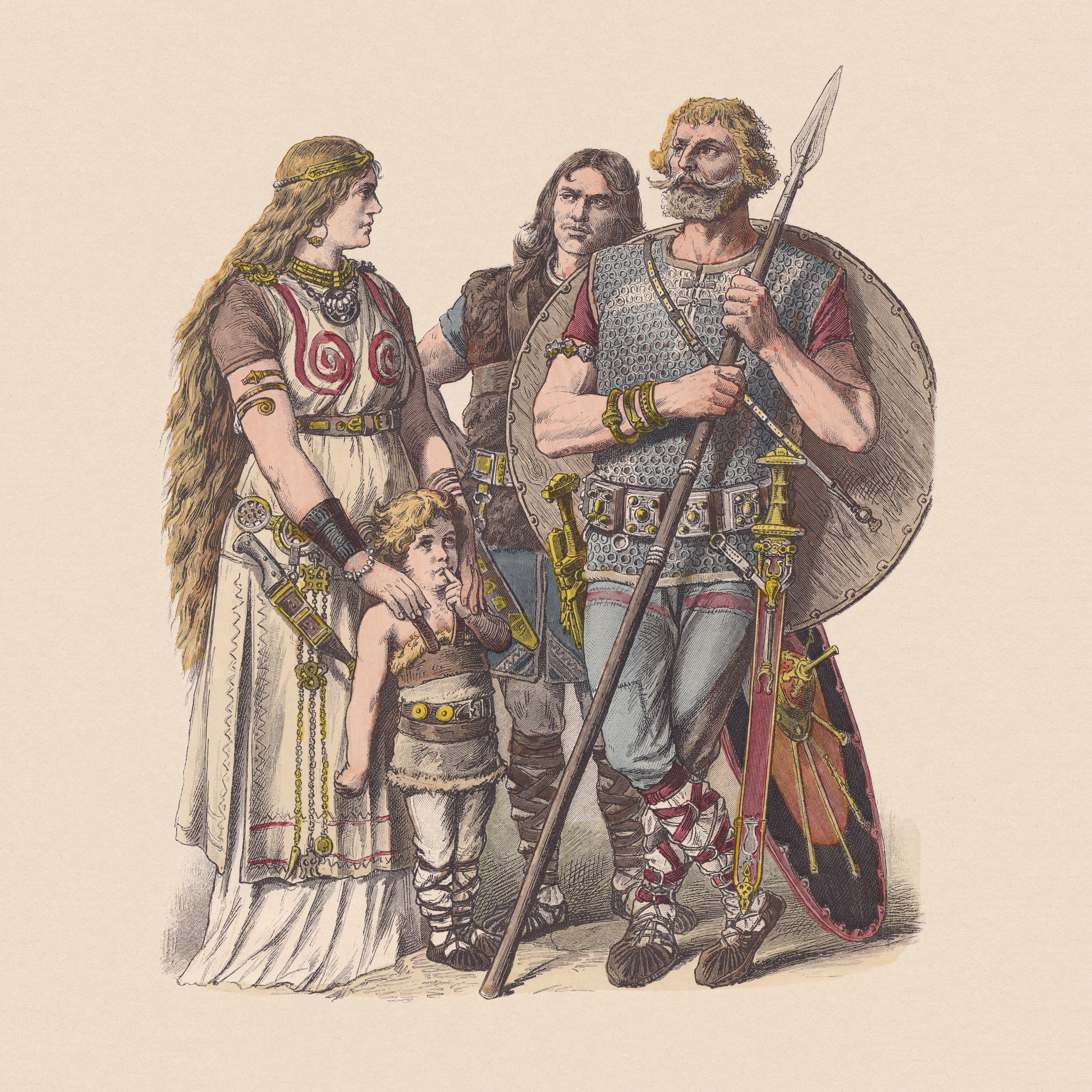 Eine Zeichnung aus dem 19. Jahrhundert zeigt eine Frau mit wallendem Haar und Gewand, zwei kriegerisch ausgerüstete Männer und ein Kind, die in einer Gruppe zusammen stehen. Die Zeichnung veranschaulicht die fehlerhafte und romantisierende Germanenvorstellung dieser Zeit.