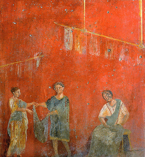 Ein Fresco aus einer Wäscherei in Pompeji zeigt das Aufhängen von Wäschestücken. Museo Archeologico Nazionale, Neapel