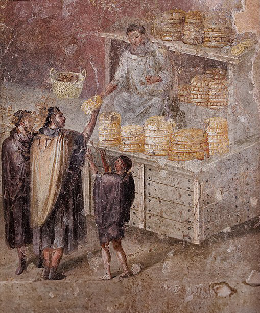 Ein Fresko aus Pompeji zeigt eine Brotspende.  Museo Archeologico Nazionale di Napoli