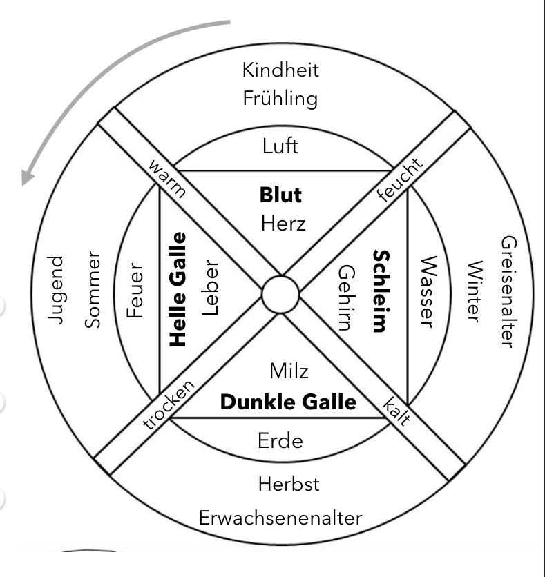Schematische Darstellung der Vier-Säfte-Lehre. Dabei stehen vier Kreisviertel für die "Säfte" Blut, Schleim, helle Galle und dunkle Galle. Den Vierteln zugeordnet sind die vier Elemente, die vier Jahreszeiten und die vier Phasen des Menschenlebens.