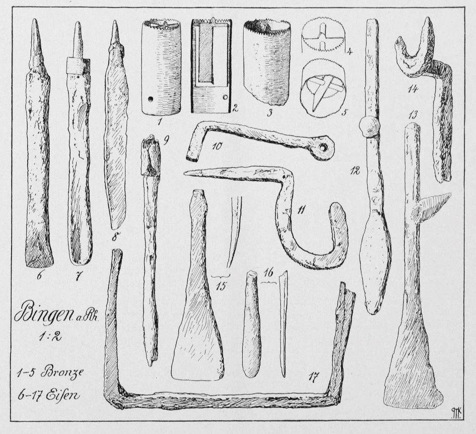 Schwarzweiß-Zeichnung von 17 römischen medizinischen Geräten aus Metall für chirurgische Eingriffe, z. B. eine Messerklinge, Aufsätze für Kreisbohrungen und beitelförmige Instrumente.